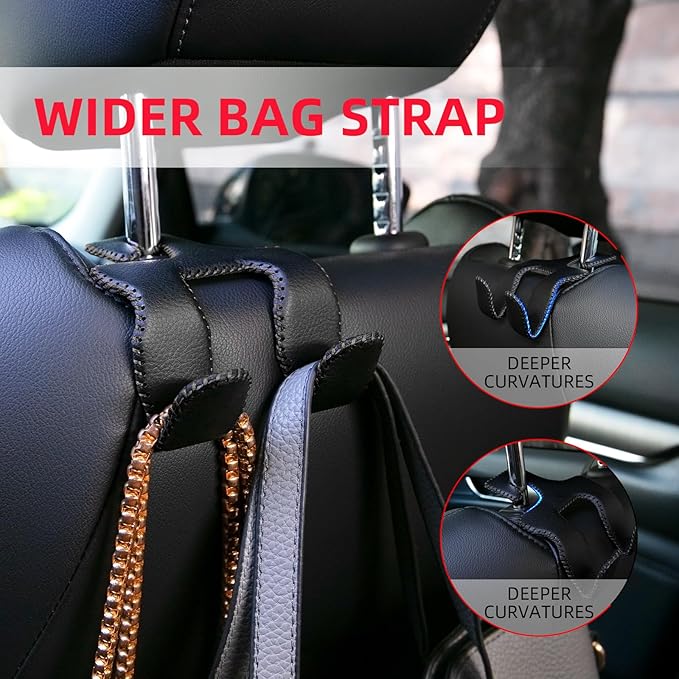 Headrest Hooks for Car, Car Back Seat Storage Organizer Purse Holder Bags Upgraded 2 in 1 Durable Leather Purse Hanger Car Essentials for Women Interior Accessories,1-Pack,Black