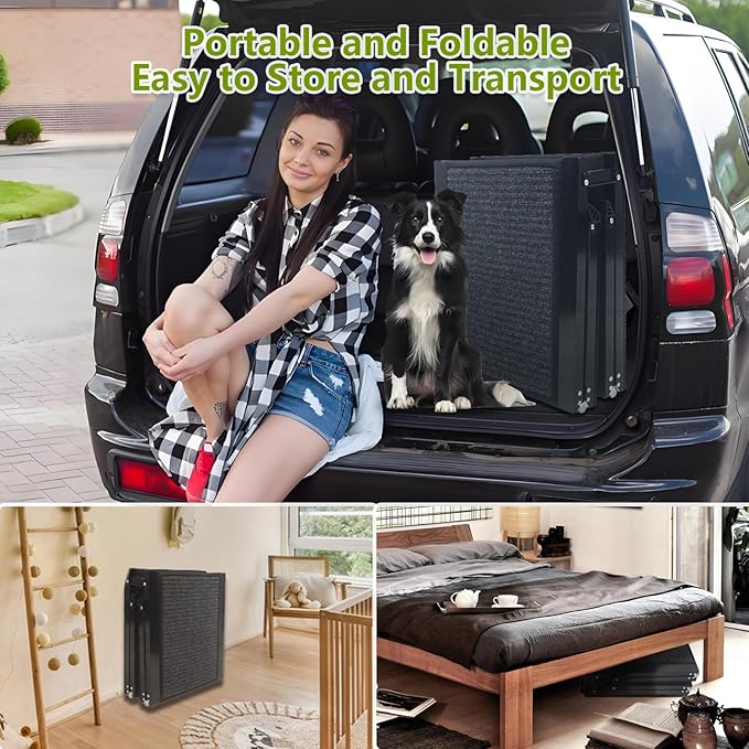 RUBLELITIE Dog Ramp for Cars SUV Truck-17.3x71in Heavy Duty Foldable Wide Outdoor Pet Stairs with Non-Slip Surface Portable Folding Design for Large Dogs Up to 250lbs (63" L x 17.3" W)
