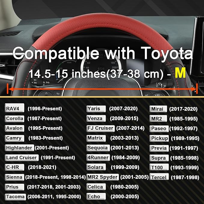 West Llama 3D Texture Steering Wheel Cover for Toyota, Anti-Slip Design, Premium Leather, Custom Fit for 14.5-15 inch, Stylish Interior Decoration(Red+Black-Standard Size)