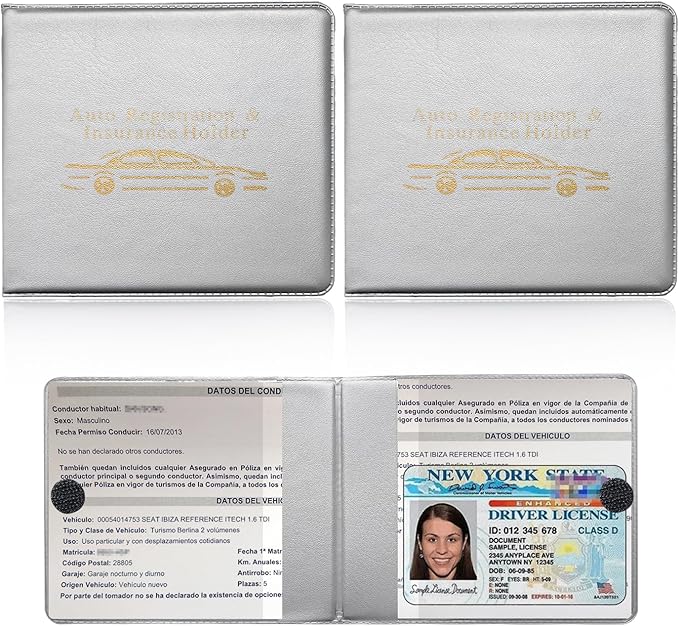 Ziciner Car Registration Insurance Holder, 2Pack Essential Auto Card Document Glove Box Organizer with Touch Fastener, Vehicle Interior Accessories Perfect for Most Car, Truck, SUV (Gray/Gold Words)