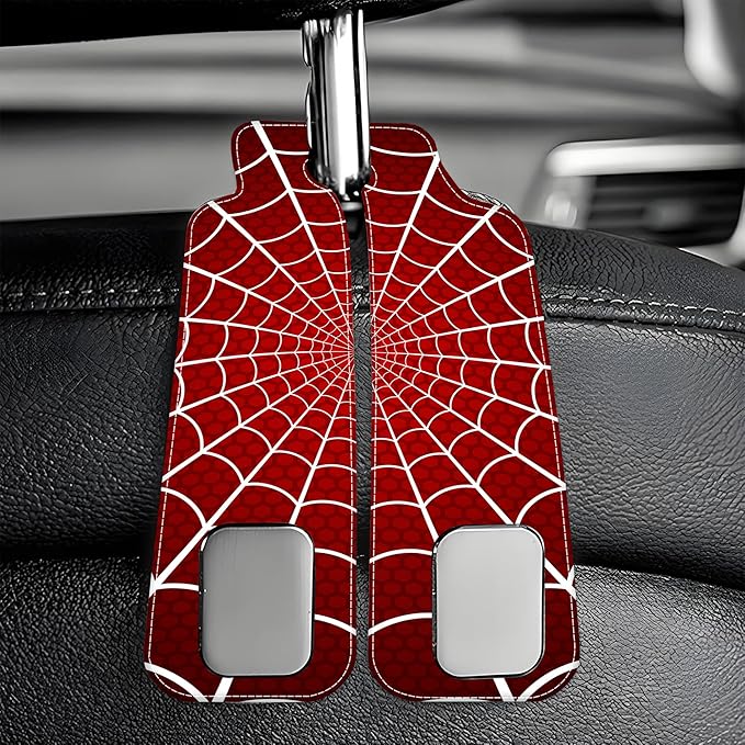 AEWNUNK 1 Pack Purse Hook for Car Red and White Spider Web Headrest Back Seat Hook Premium Leather Double Metal Hanger Storage Pack Bag Purse Holder Car Accessories