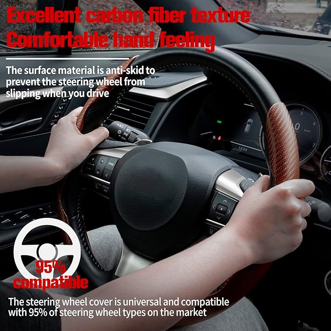 Amiss 2pcs Carbon Fiber Anti-Skid Steering Wheel Cover, Waterproof & Segmented Butterfly Design, Universal 99% Vehicle Wheel Cover Protector, Car Interior Accessories (Champagne)