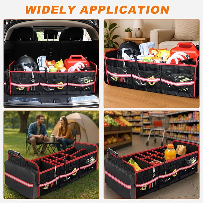 SKYJDM 95L Car Trunk Organizer with Removable Cooler Bag, Collapsible Trunk Storage Organizer with Removable Lid - Multi Compartment Waterproof Storage Organization, Fits Most Car, Truck, Red