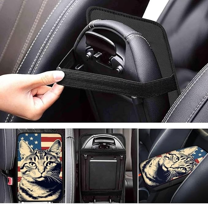 Car Center Console Pad, Universal Waterproof Car Armrest Seat Box Cover, Car Interior Accessories for Most Vehicle SUV Truck Vintage American Flag Cat Car Armrest Pad