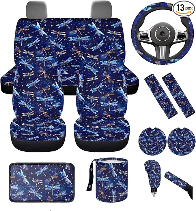 Dngkaoje Blue Dragonfly Car Accessories Full Set 13 Pcs Dragonfly Print Car Seat Covers Set for Front and Rear Cute Steering Wheel Cover Collapsible Garbage Bin Cup Mats,Universal Fit
