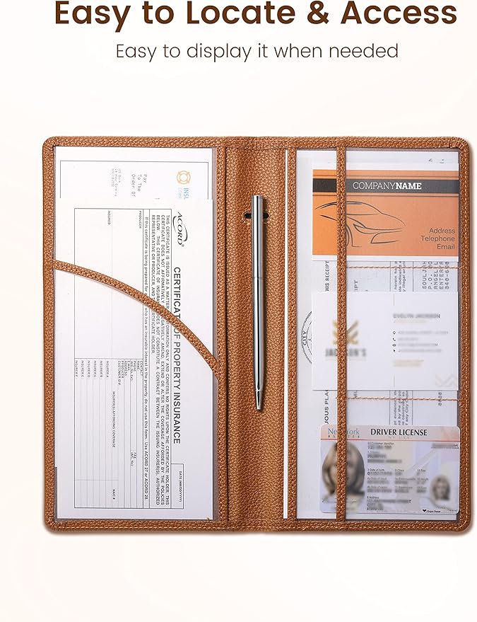 Yarnic Car Registration and Insurance Holder, Car Document Holder with Magnetic Closure, Car Organizer Vehicle Glove Box Compartment Organizer, Car Wallet Case for Men Women(Tan)