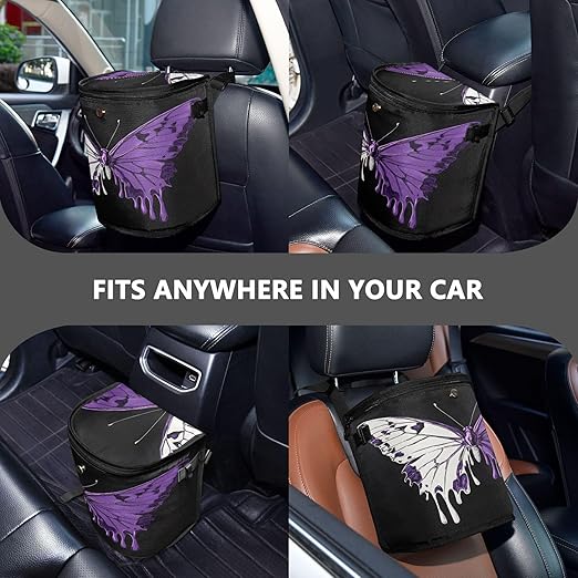 MNSRUU Car Trash Can with Lid, White Purple Dual Color Butterfly Car Trash Bag Hanging Organizers and Storage for Front Back Seat, Leak-Proof Trash Bin