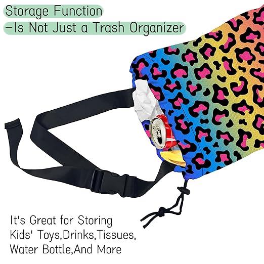 NHNXHWIA Rainbow Leopard Car Trash Bag,Neon Leopard Hanging Drawstring Car Garbage Bag, Waterproof Canvas Car Back Seat Organizer with Adjustable Buckle, for Vehicles, SUVs, Camping, Road Trips