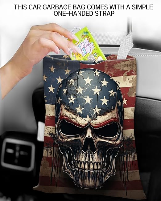 ANKVRP Car Trash Can, Durable Hanging Car Trash Garbage Bag, Cute Automotive Garbage Cans Organizer, American Flag Skull Print