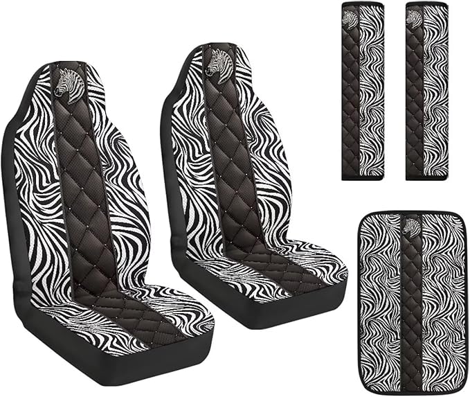 Qeluxign PU Leather Car Seat Cover Set of 5 Auto Accessories 2 Front Bucket Seat Covers, 2 Seatbelt Pads & 1 Armrest Cover, Easy to Install,Zebra Print Zebra Head