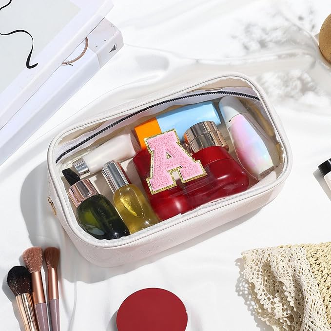 YOOLIFE Initial Valentines Gifts for Kids Travel Toiletry Bag Birthday Gifts for Girls Kids Clear Makeup Bag Preppy Cosmetic Bag for 3 4 5 6 7 8 9 10 11 12 13 Year Old Girls White K