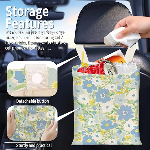 BEAKND Hanging Car Garbage Bag, Cute Car Trash Can Bag, Automotive Accessories for Women Men Cute Blue Green Flowers