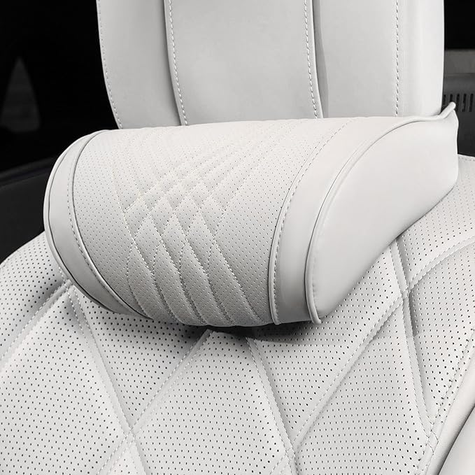 Dapucarin Car Headrest Memory Foam Neck Pillow for Driving with Leather Cover Soft Comfortable Seat Head Pillow Cushion for Most Cars SUV Sedan Home Office Off-White (Beige) (1PC)