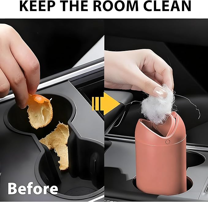 Car Trash Can with Lid, Silicone Leakproof Mini Round Vehicle Garbage Bin for Cup Holder, Portable Automotive Interior Waste Storage & Organizers Accessories, Universal Fit (Orange)