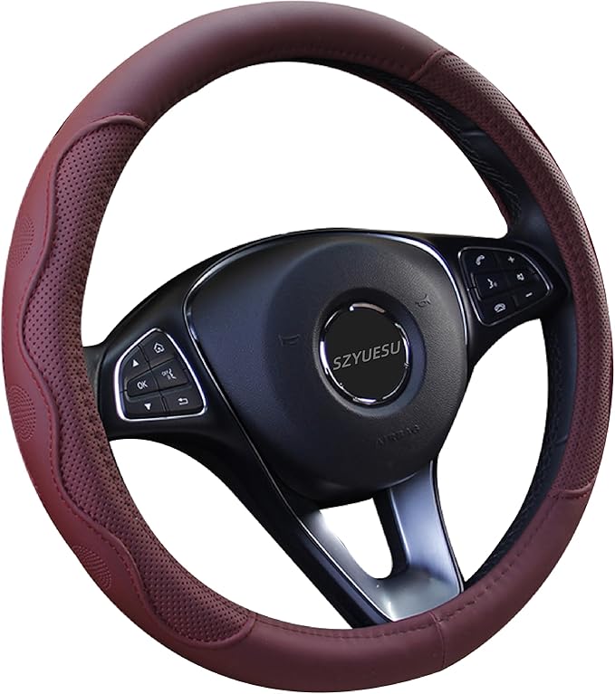 Leather Car Steering Wheel Cover with Anti-Slip Lining Universal 14.5-15 Inch (37-38 cm) Auto Microfiber Protector, Car Accessories for Most Cars, SUVs | Wine Red