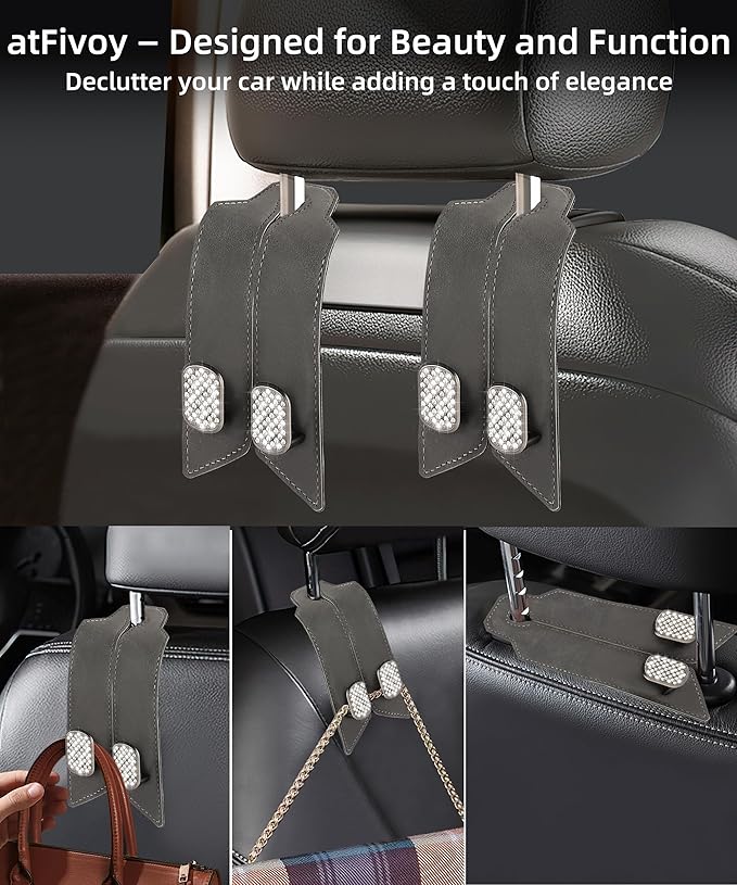 2Pcs Car Headrest Hooks with Sparkling Rhinestones & Premium Leather, Upgraded Double Metal Purse Holders, Anti-Drop Design, Universal Back Seat Organizer for Bags, Coats, Groceries (Crystal Gray)