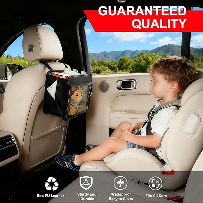 Uplien Car Organizer Bag for Back Seat Front Seat or Between Seats Premium PU Leather Hanging Storage Caddy with Tablet Holder Tissue Box Cup Bottle Holders Mesh Pockets for Kids Adults