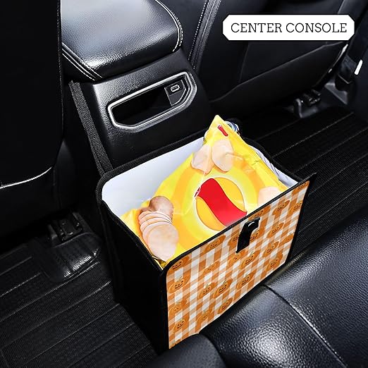 Car Trash Can Organizer Bin with Adjustable Strap for Back Front Seat Console Waterproof Leakproof Collapsible Portable 11 Inch Halloween Orange Plaid Pumpkin Heads