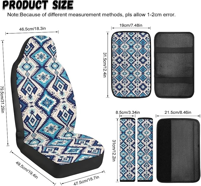 FUSURIRE Aztec Rhombus Leather Front Seat Covers & Seat Belt Covers &Center Armrest Pad Universal Car Accessories for SUV,Van,Saden,Truck Automobile Interior Sets