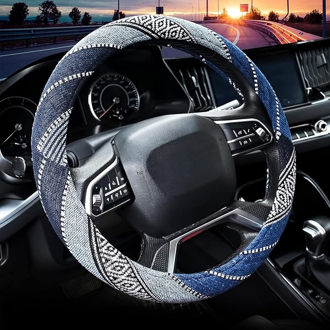 Valleycomfy Cloth Steering Wheel Covers for Women Bohemian Universal 15 inch Baja Blanket Enthic Blue