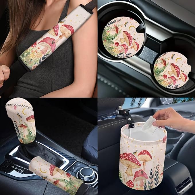 Dngkaoje Mushroom Car Seat Covers Full Set 13 Pcs Butterfly Mushroom Hanging Trash Bag,Seatbelt Pads,Universal Auto Front and Rear Split Bench Seat Covers Set,Auto Seat Accessories