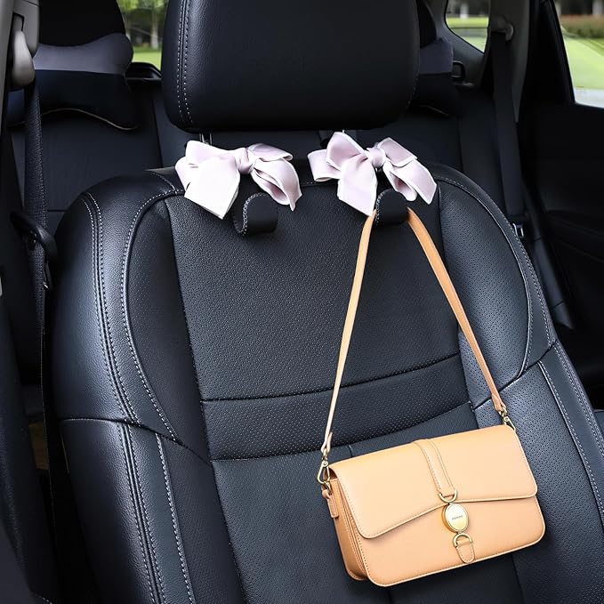 TISOHUGO Car Purse Hook, Cute Bow Hooks for Headrest - Leather U-Shaped Purse Holder for Car, Flexible Seat Back Organizer & Durable Vehicle Accessories for Bags, Coats & More (Black&Pink-2 Pack)