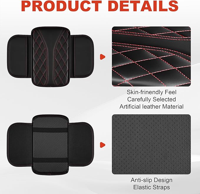 Center Console Cover Fit for Kia Sorento 2003-2025 with 2 Storage Bags Waterproof Leather Quilted Pattern Car Armrest Cover Cushion Anti - Slip(002#Black&Red Line)