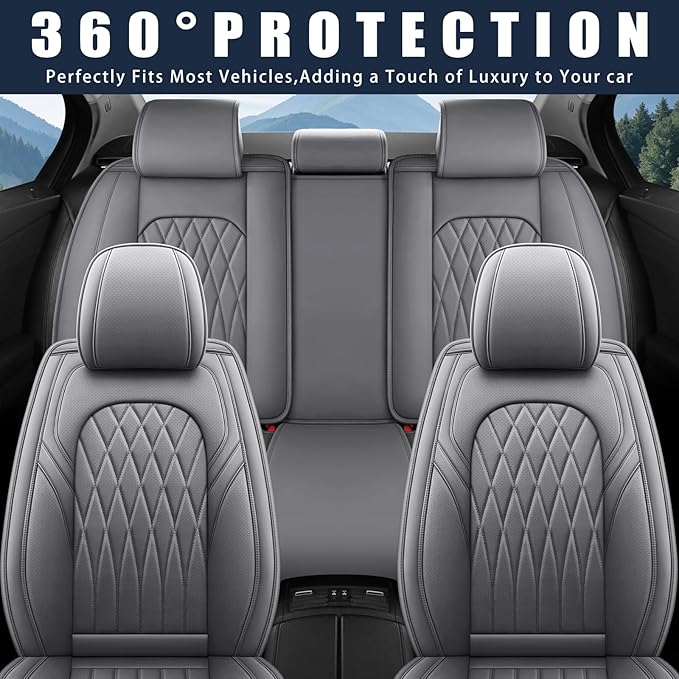 WELLDO Car Seat Covers Front Seats, Leather Seat Covers for Cars, Front Car Seat Protector Waterproof, Non-Slip Car Interior Covers Universal Automotive Seat Covers for Most Vehicle, Gray