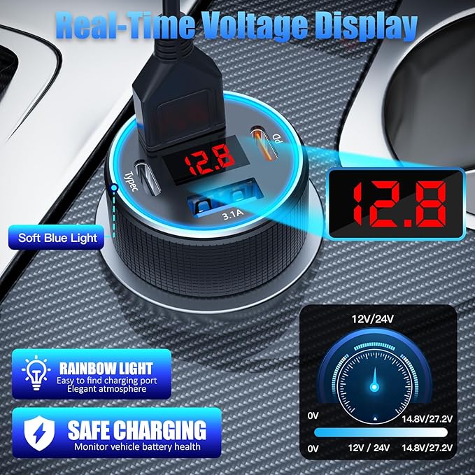 Car Charger USB C, 78W 4 Port Fast Charging Car Phone Charger Adapter, Dual USB-C & USB-A Cigarette Lighter Adapter with Voltmeter Vehicle Accessories for iPhone 17 16, iPad, Samsung, Android