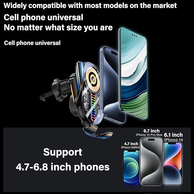 Wireless Car Charger Mount Cell Phone Holder Car - Auto Clamping 3-Axis Adjustable Phone Mount for Car Vent with 15W Fast Charging and Ultra-Thin Design Slim Profile for iPhone 16 Pro Max 16 15 14