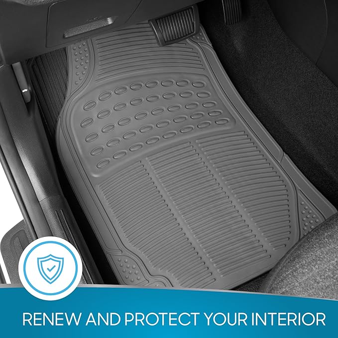 BDK 3-Piece Gray Rubber Floor Mats (Front + Rear), Heavy Duty Universal Fit Liners for Cars SUVs Trucks Vans, All Weather Protection Anti-Slip Nibs, Flexible Contours Fits Most Vehicles