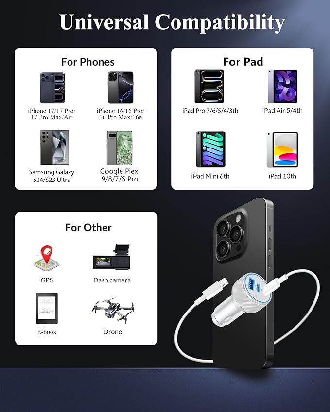 iPhone 17e/17/17 Pro Max Car Charger Fast Charging, 2-Pack 67W 3-Port Fast USB C Car Charger Adapter Cigarette Lighter with 3FT Type C Cable Cord for iPhone 17e/17/17 Pro Max/16/15 Pro Max/Plus, iPad