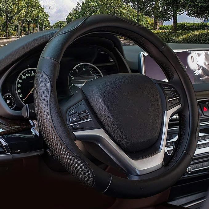 Valleycomfy Leather Steering Wheel Covers Universal 15.75 inch -Breathable, Anti Slip & Odor Free (Black with Black Lines,L(15" 1/2-16"))