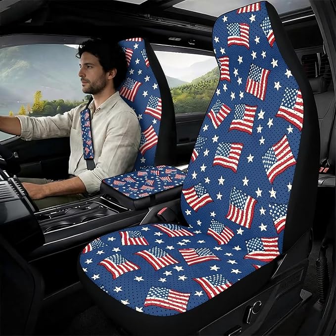 Qeluxign American Flag Star 5 Piece Car Accessories Set with 2 PU Leather Seat Covers, 2 Belt Pads & 1 Armrest Cover Fit for Most Vehicles Easy Install & Clean
