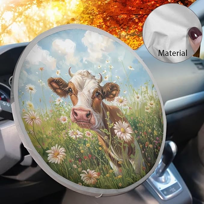 Cow Grass Daisy Flower Pattern Steering Wheel Sun Shade Cover Keep Cool in Summer Steering Wheel Sun Shade Cooling Cover for Car Truck Van SUV Steering Wheels Accessories