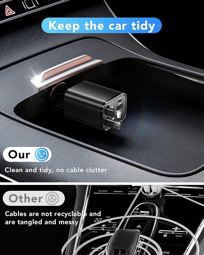 69W Fast Charging USB C Car Charger, 4-in-1 Retractable Phone Charger for iPhone 17, Travel Essentials, Gifts for Women Men, Car Accessories for Women Men, for iPhone 17 16 15 14 13, Galaxy, Pixel