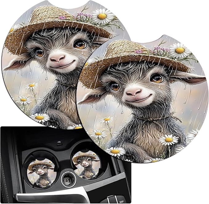JANENFNA Car Armrest Cover Pads Universal Fashion Cute Auto Center Console Armrest Cover Pad with 2PCS Car Coasters Soft Waterproof Car Armrest Seat Protector for Women,Goat in Daisy Rain