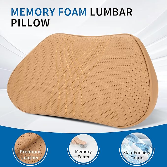 Dapucarin Lumbar Support Pillow for Car Seat, Office Chair Nappa Leather Memory Foam Lower Back Cushion for Back Pain Relief Improve Posture, Ergonomic Back Rest for Gaming Chair, Palomino, 1PC