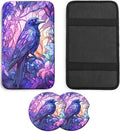 JANENFNA Car Armrest Cover Pads Universal Fashion Cute Auto Center Console Armrest Cover Pad with 2PCS Car Coasters Soft Waterproof Car Armrest Seat Protector for Women,Beautiful Crow
