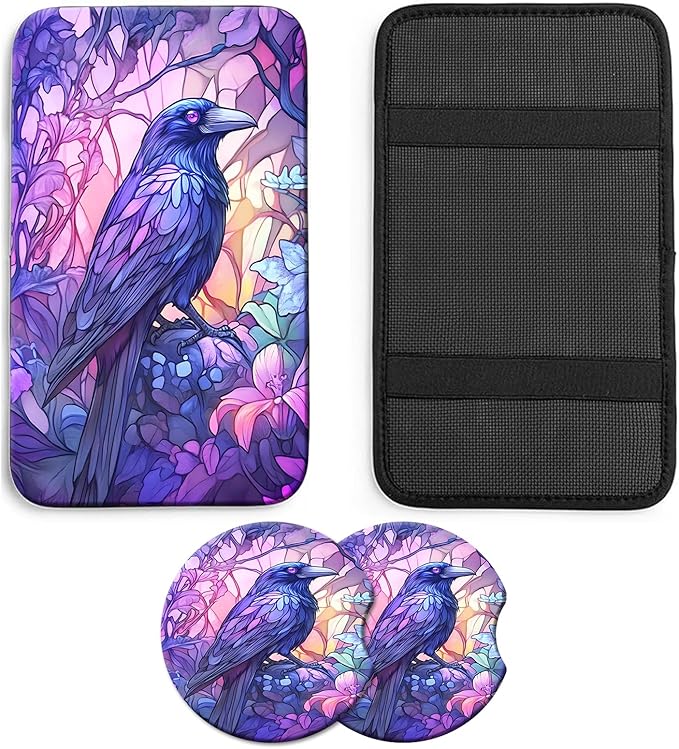 JANENFNA Car Armrest Cover Pads Universal Fashion Cute Auto Center Console Armrest Cover Pad with 2PCS Car Coasters Soft Waterproof Car Armrest Seat Protector for Women,Beautiful Crow