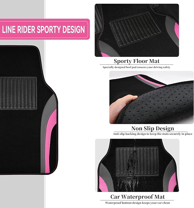 CAR PASS Leather Sporty Car Floor Mats Carpet, Universal Waterproof Automotive Floor Mat Fit for Sedans, Cars, Mid Trucks, Vans, SUV, Set of 4 (Black and Pink)