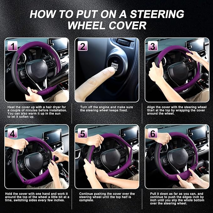 SEG Direct Steering Wheel Cover for 14.5-15 inch Wheels, Breathable PU Leather with Perforated Sides, Anti-Slip Grip, Universal Fit for Cars & SUVs, Black and Dawn Purple