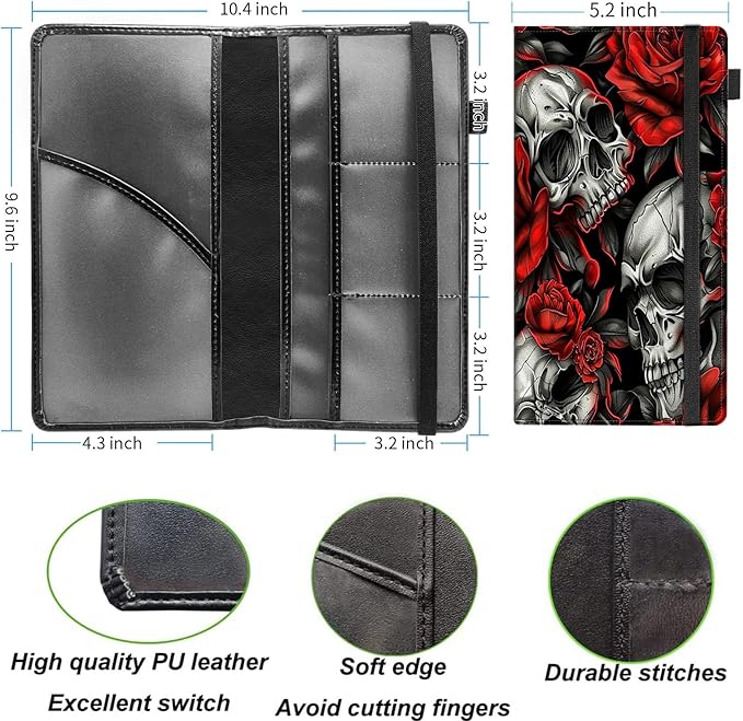 Decahouy Car Registration and Insurance Holder,Leather Vehicle Glove Box Organizer Wallet for Document,Perfect for any Car,Truck,Motorcycle,Driver License,Trailer or Boat,Men & Women,Skull Red Rose