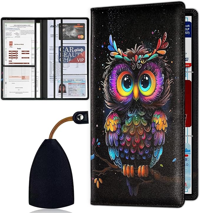 Car Registration Holder, Waterproof PU Leather Vehicle Card Document Glove Box Organizer, Women Interior Auto Accessories Case for Cards, Driver License Car Insurance Holder, Cute Colorful Owl Pattern