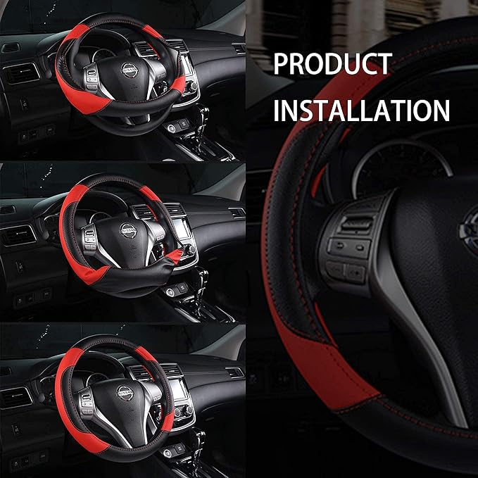 Leather Car Steering Wheel Cover, Non-Slip Car Wheel Cover Protector Breathable Microfiber Leather Universal Fit for Most Cars (Black & Red)