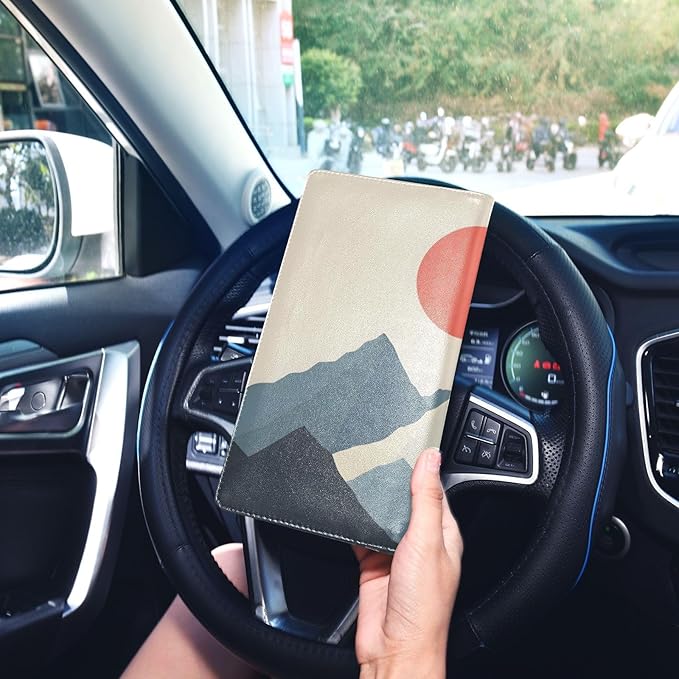 Qilmy Simple Sun Mountain Car Registration and Insurance Holder PU Leather Vehicle Document Wallet Glove Box Organizer with Clear PVC Card Slots for Driver License ID Cards