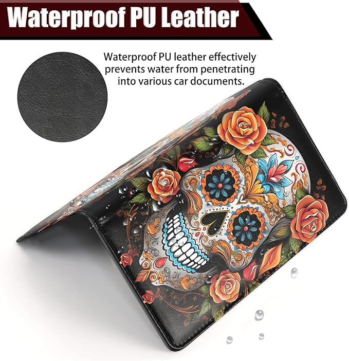 Car Registration and Insurance Holder, PU Leather Auto Document Holder for Men&Women, Vehicle Glove Box Compartment Organizer with Magnetic Shut for Driver's License, Sugar Skull with Flowers