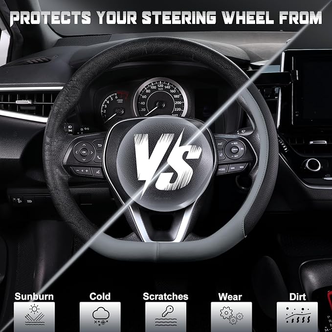 SEG Direct D Shaped Steering Wheel Cover for 14.5-15 inch Flat Bottom Wheels, Breathable Perforated Microfiber Leather, Anti-Slip Grip, Universal Fit for Cars & SUVs, Black and Gray