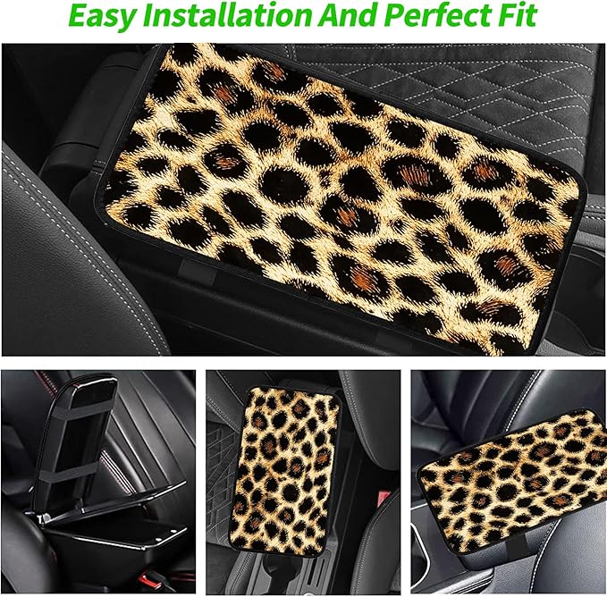 JANENFNA Car Armrest Cover Pads Universal Fashion Cute Auto Center Console Armrest Cover Pad with 2PCS Car Coasters Soft Waterproof Car Armrest Seat Protector for Women,Leopard Pattern