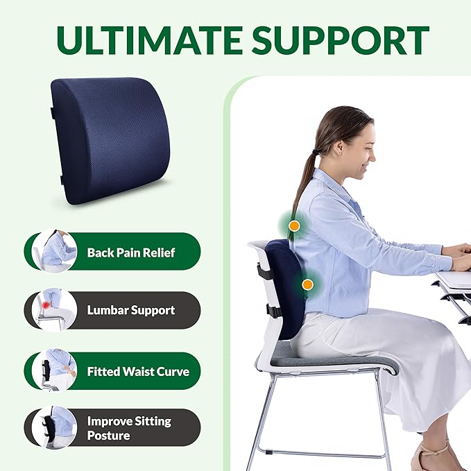 FuturaLoom Back Support Pillow for Office Chair and Car Seat,Lumbar Support for Office,Charcoal Memory Foam Back Cushion-Breathable Mesh Cover,Double Adjustable Straps,Dark Blue